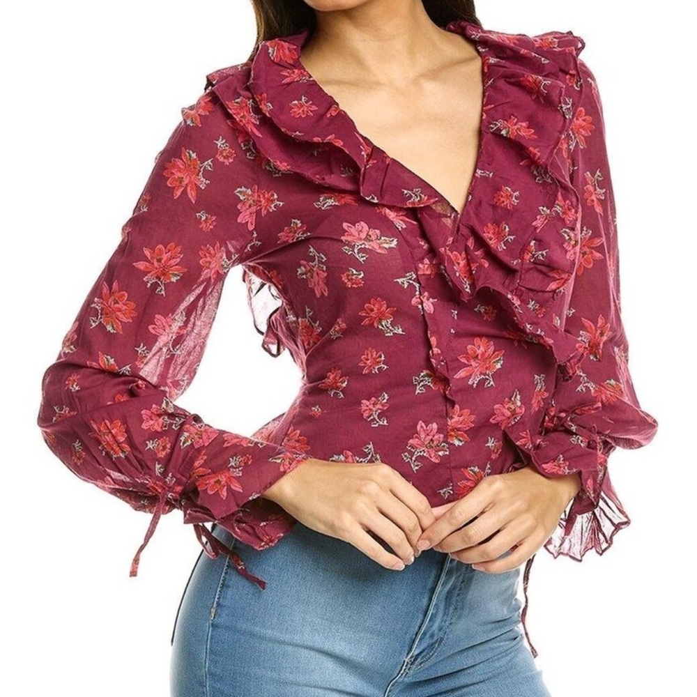 Free People Amanda Sultry Floral Ruffle Wrap Top - Burgundy
